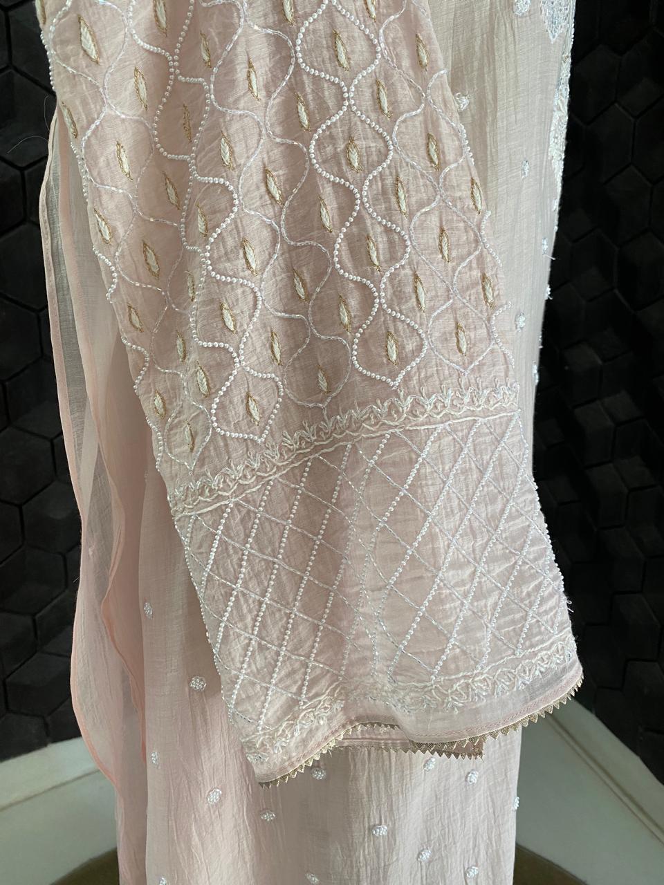 Blush Pink Mul Chanderi Chikankari Kurta Set