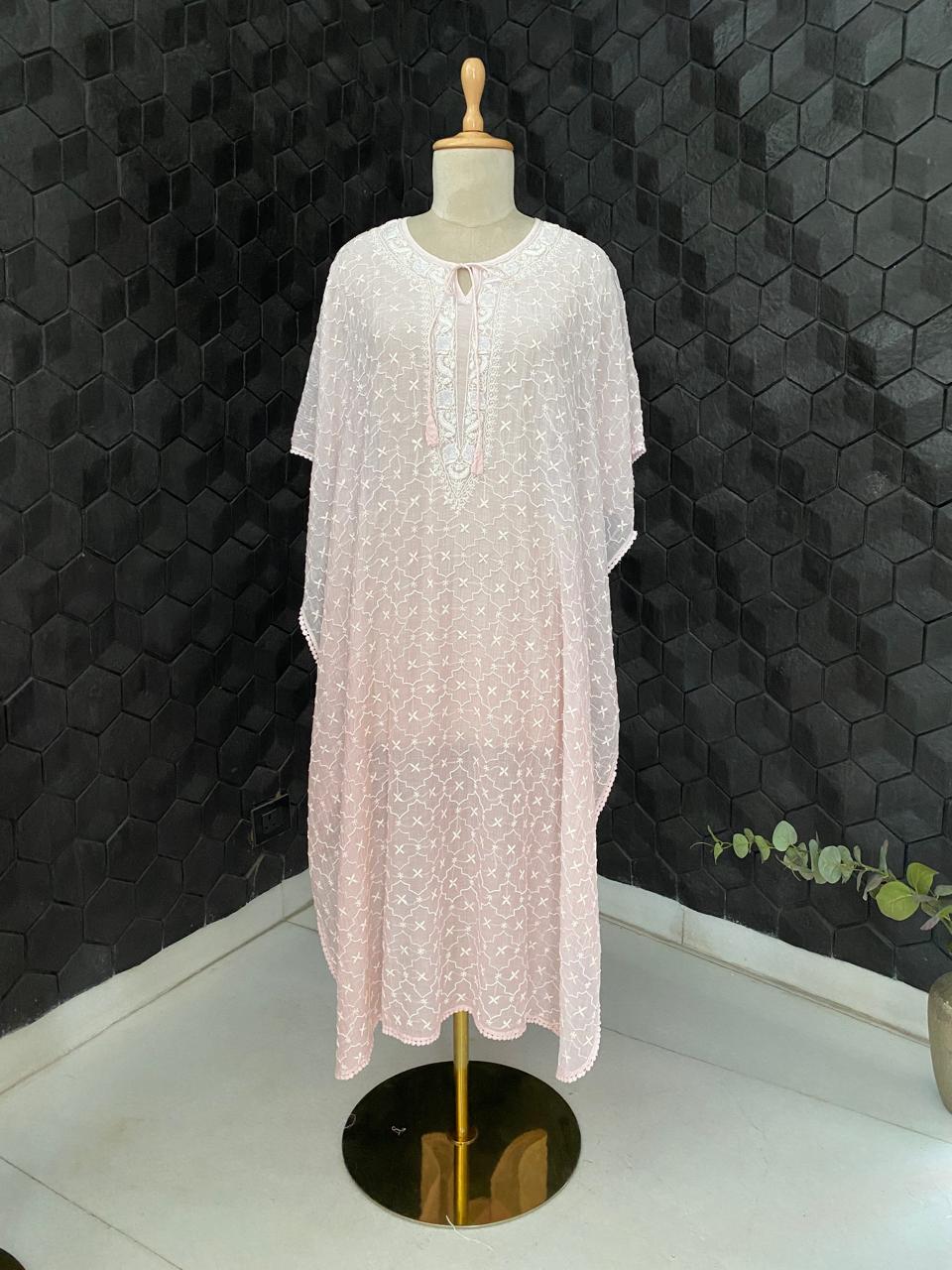 Blush Pink Mul Chanderi Chikankari Kaftan