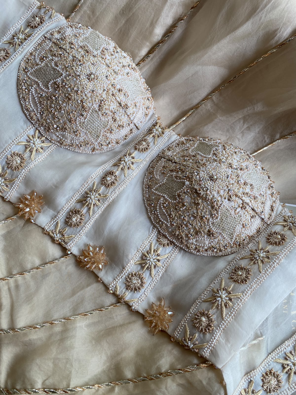 Ivory Chikankari Bustier With Beige Organza Skirt