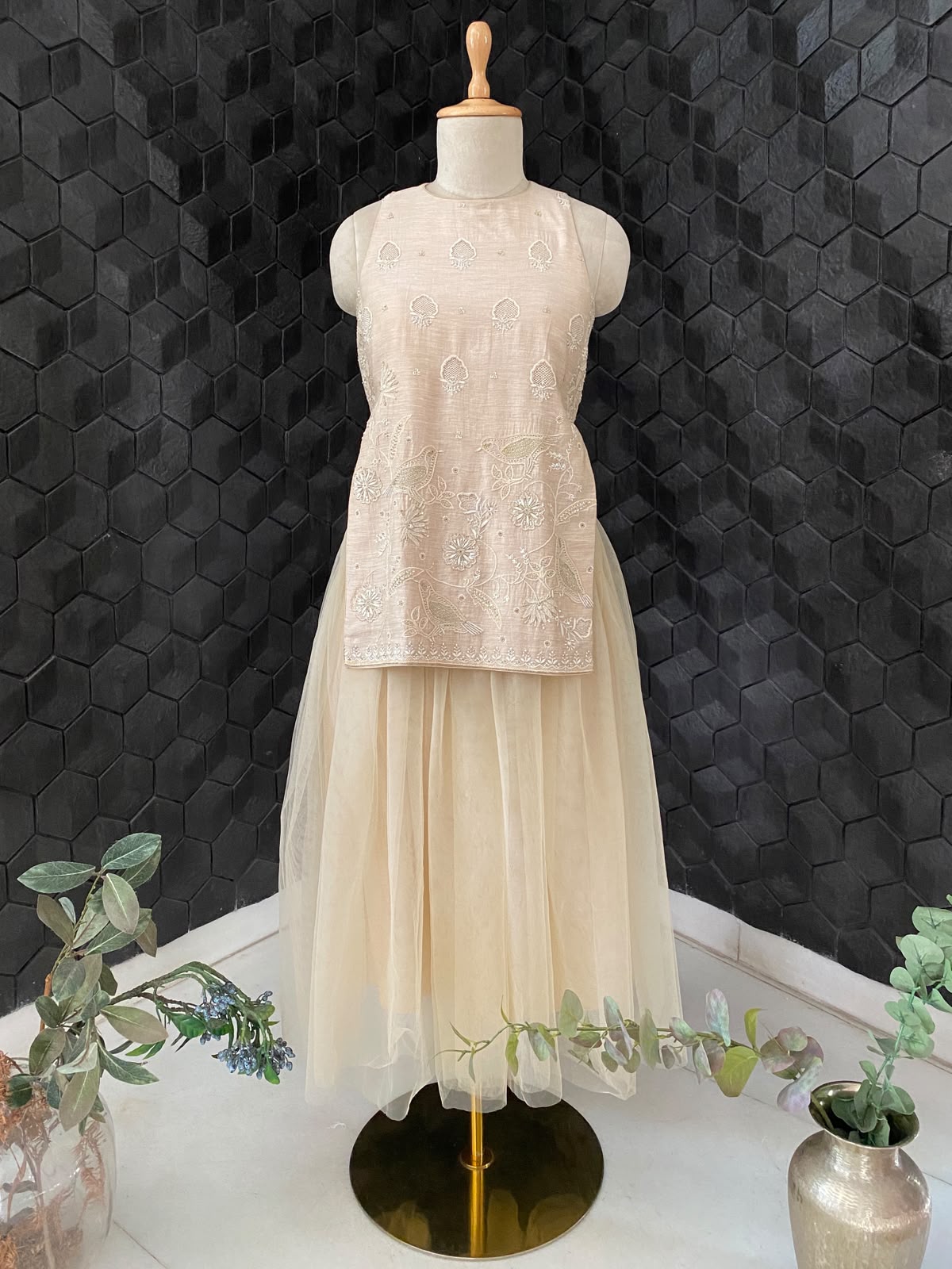 Tissue Chikankari Top and Skirt with Statement Bird Motif