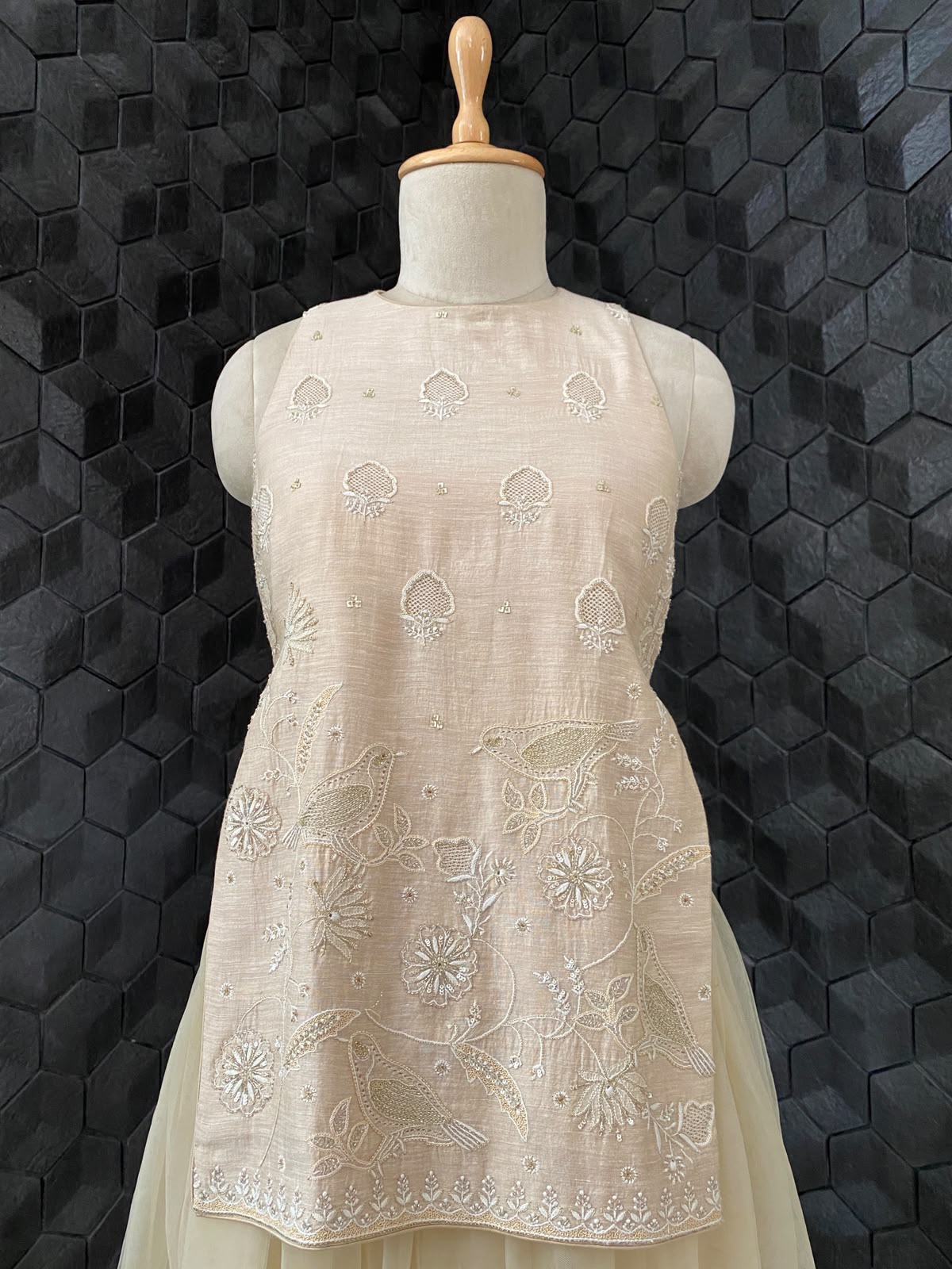 Tissue Chikankari Top and Skirt with Statement Bird Motif