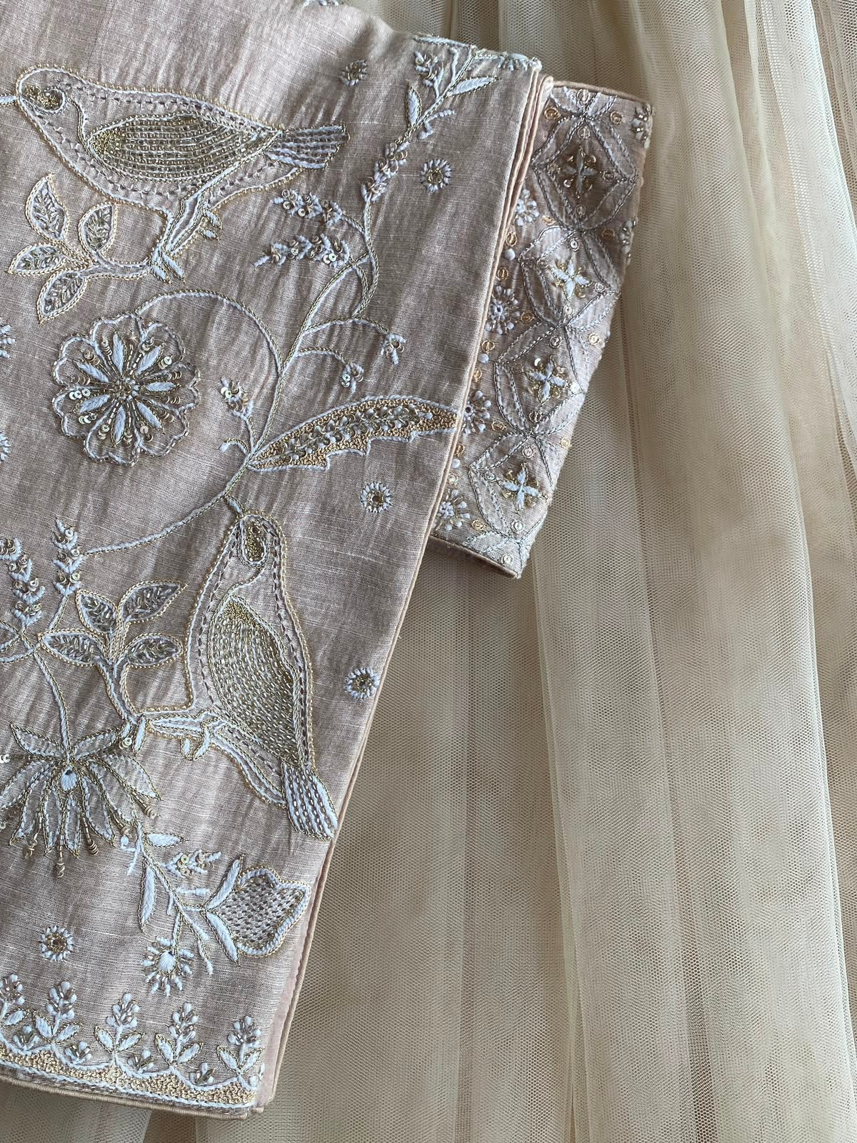 Tissue Chikankari Top and Skirt with Statement Bird Motif