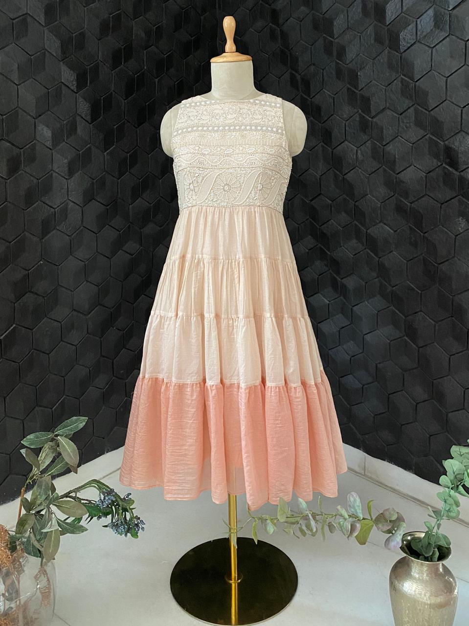 Peach Layered Ombre Mul Chanderi Dress with Statement Chikankari Yolk