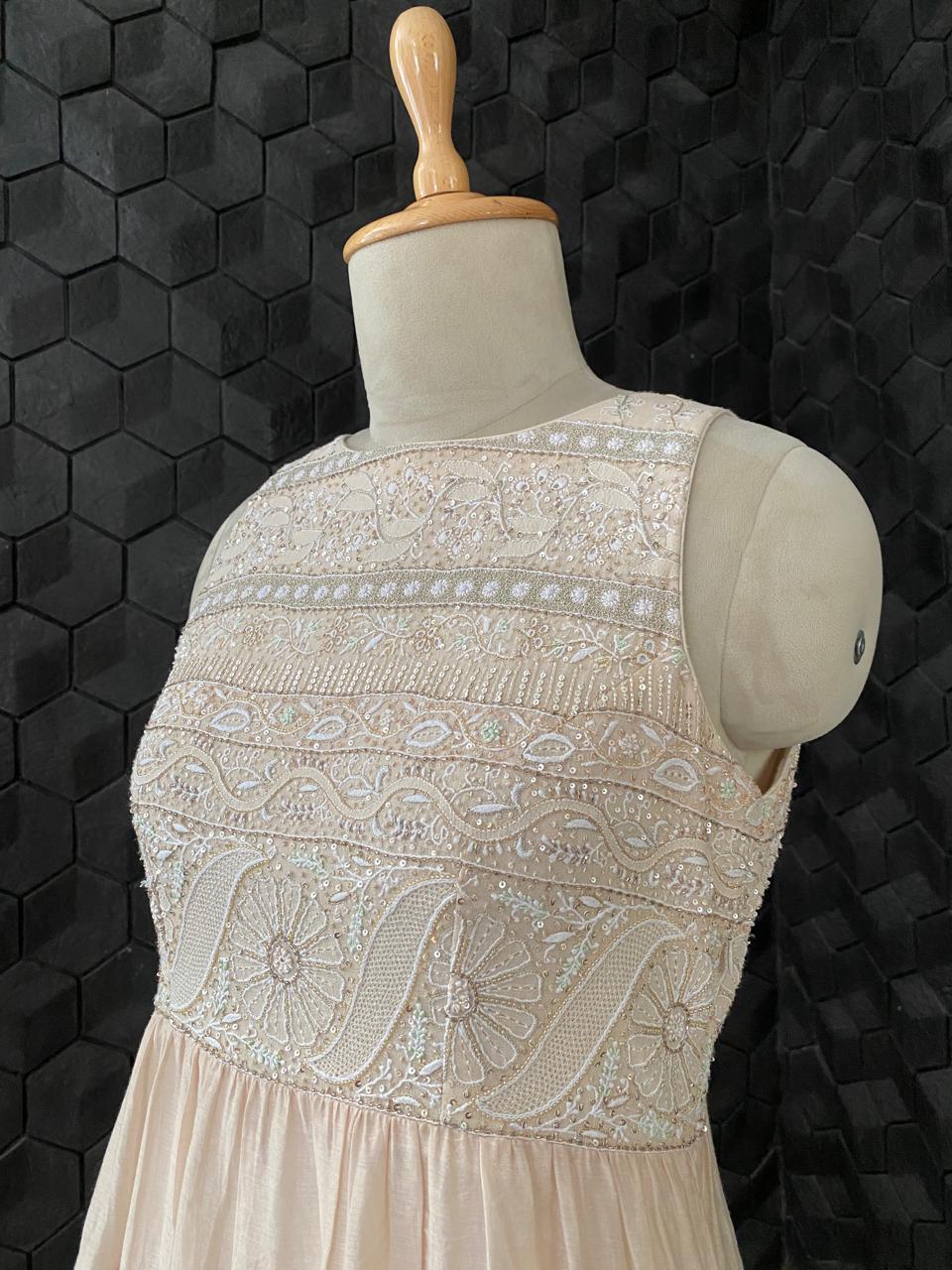 Peach Layered Ombre Mul Chanderi Dress with Statement Chikankari Yolk