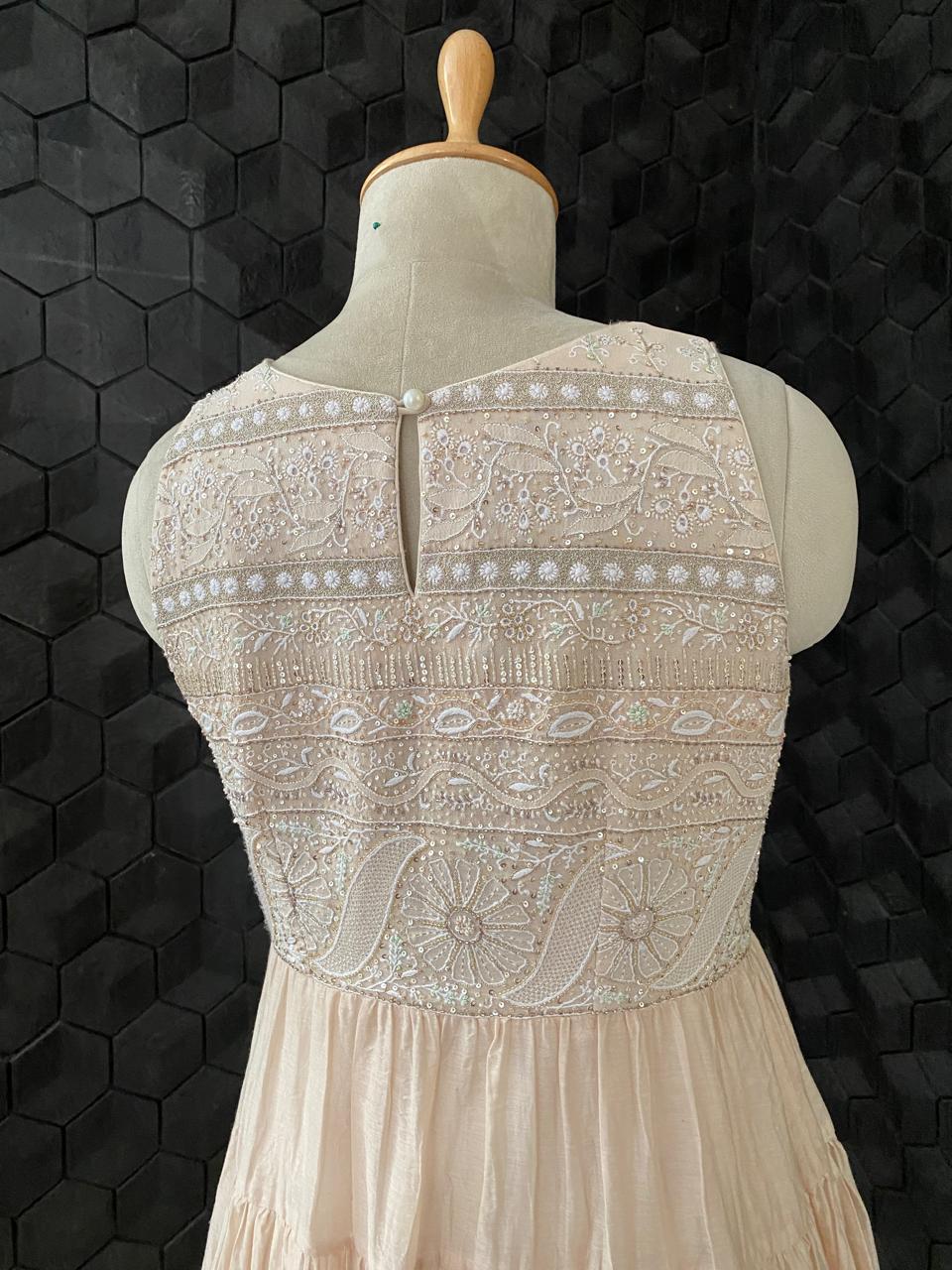 Peach Layered Ombre Mul Chanderi Dress with Statement Chikankari Yolk