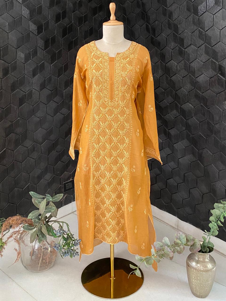 Mustard Yellow Tissue Chikankari Kurta Set with Cutdana