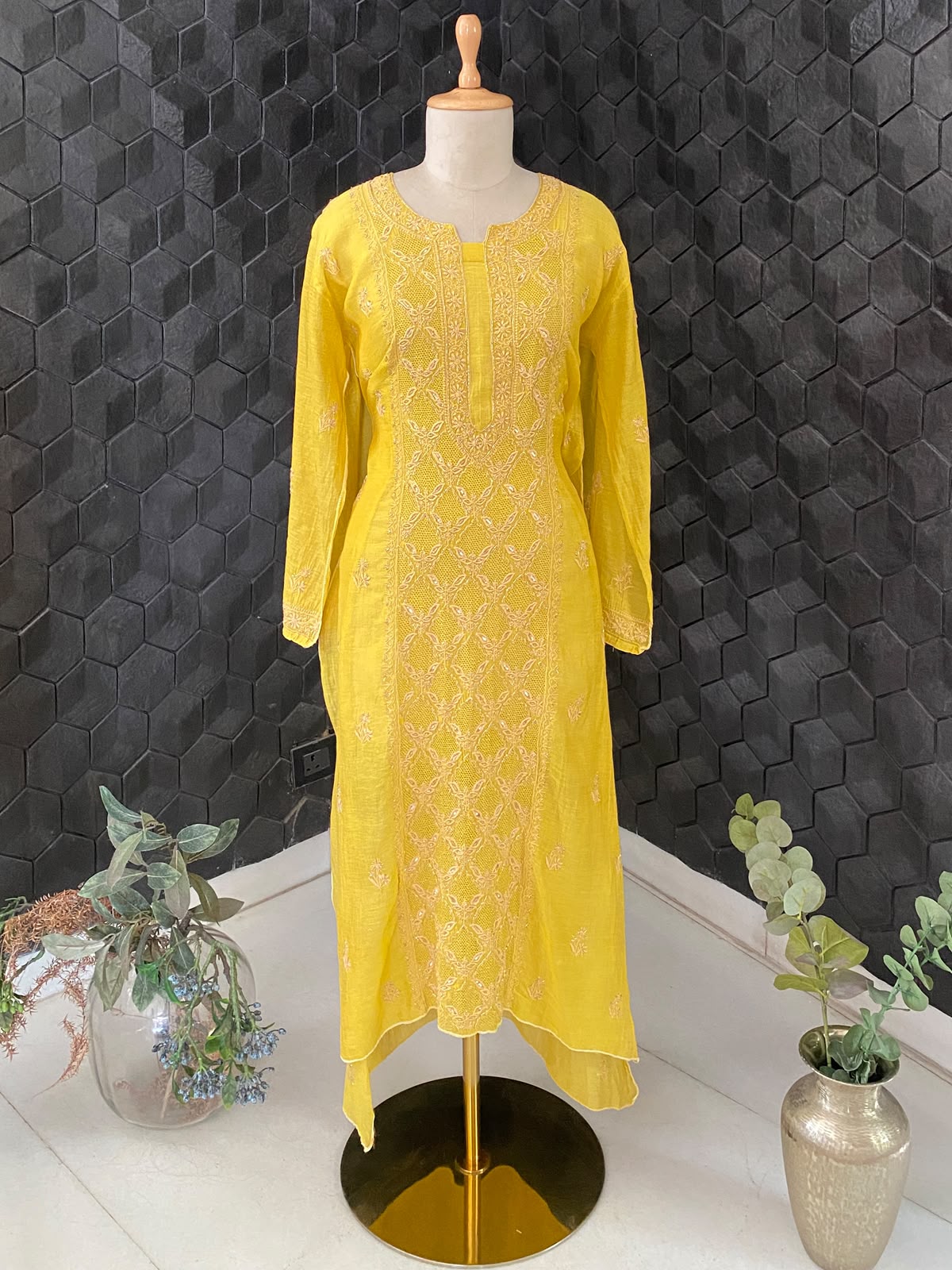 Ochre Yellow Tissue Chikankari Kurta Set