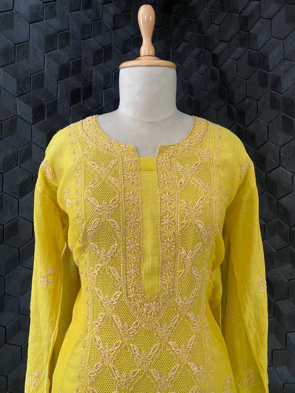Ochre Yellow Tissue Chikankari Kurta Set