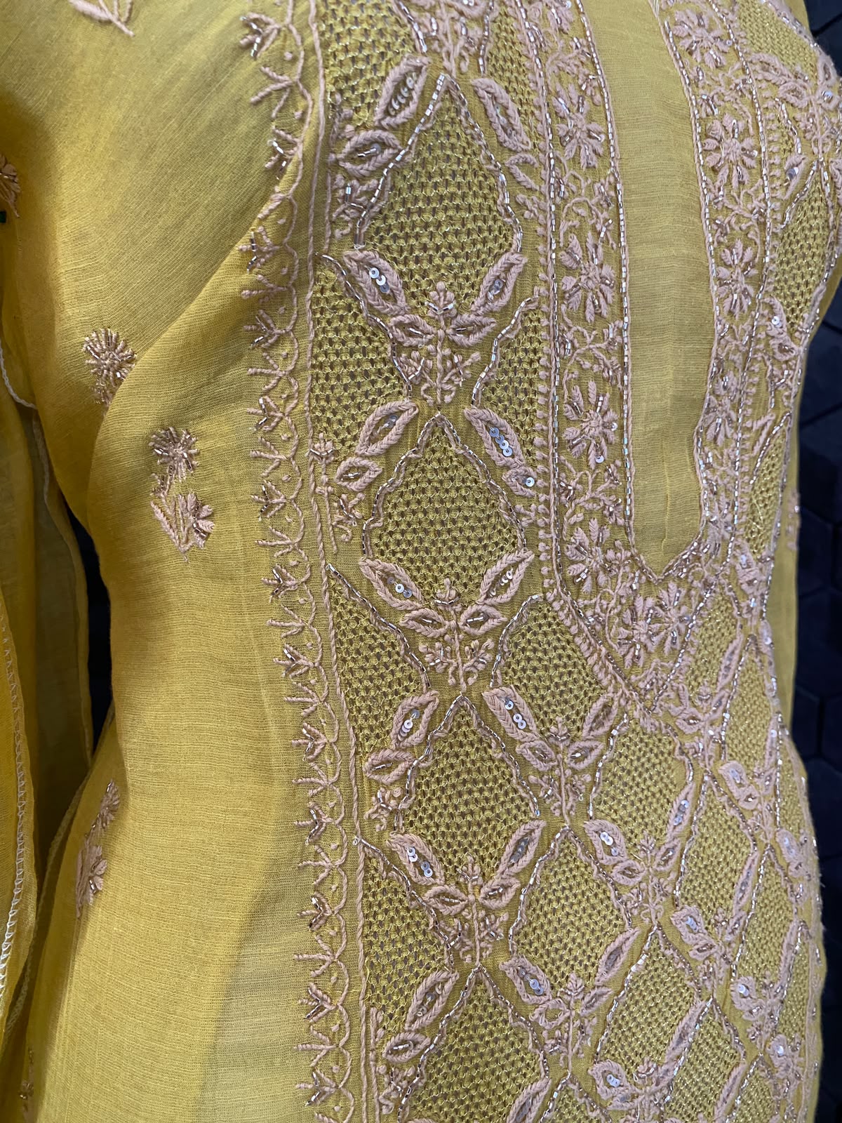 Ochre Yellow Tissue Chikankari Kurta Set