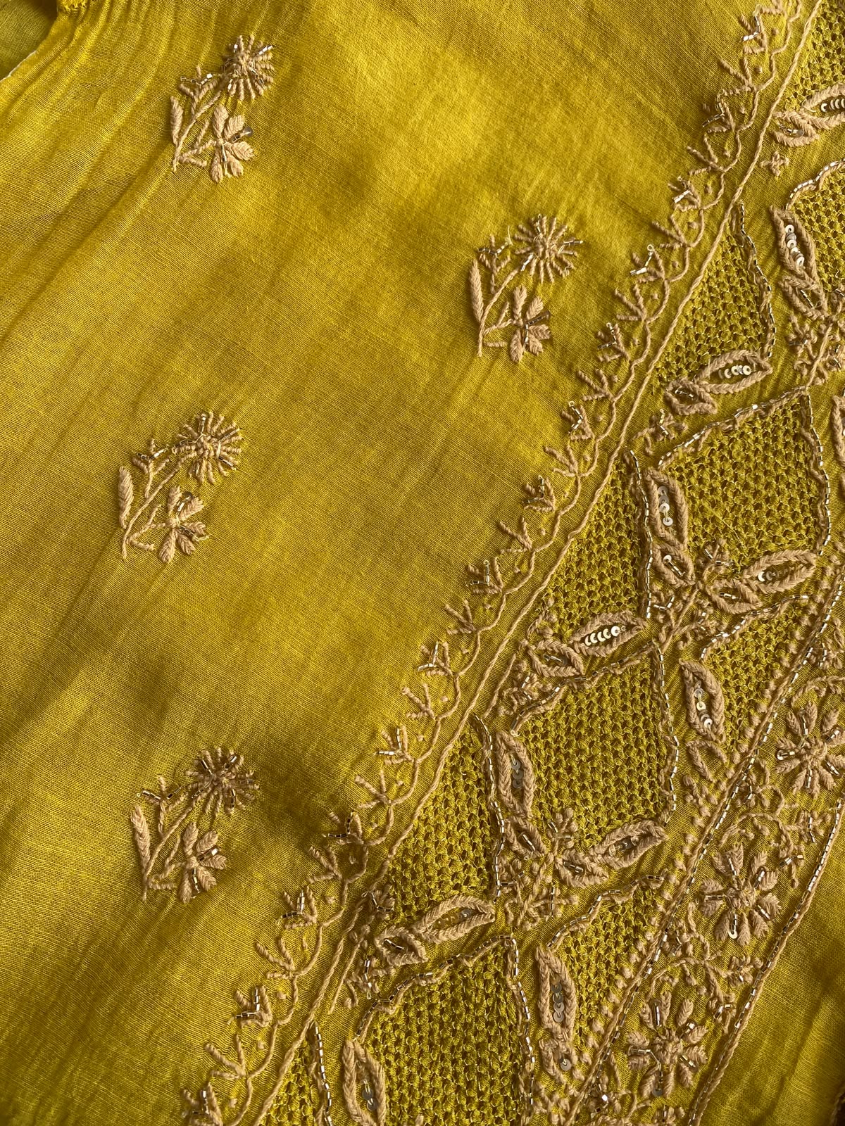 Ochre Yellow Tissue Chikankari Kurta Set