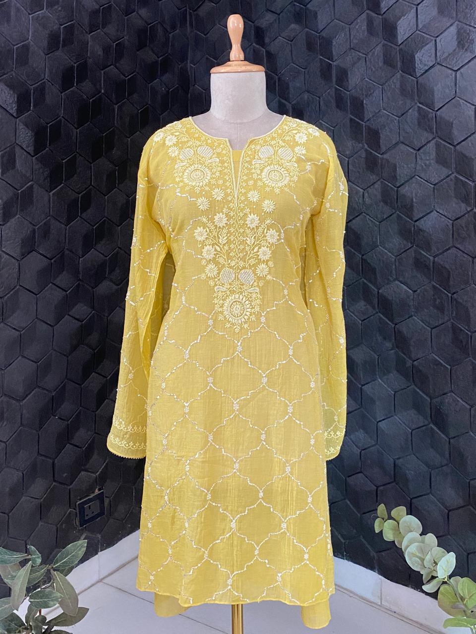 Yellow Silver Tissue Chikankari Co-ord set