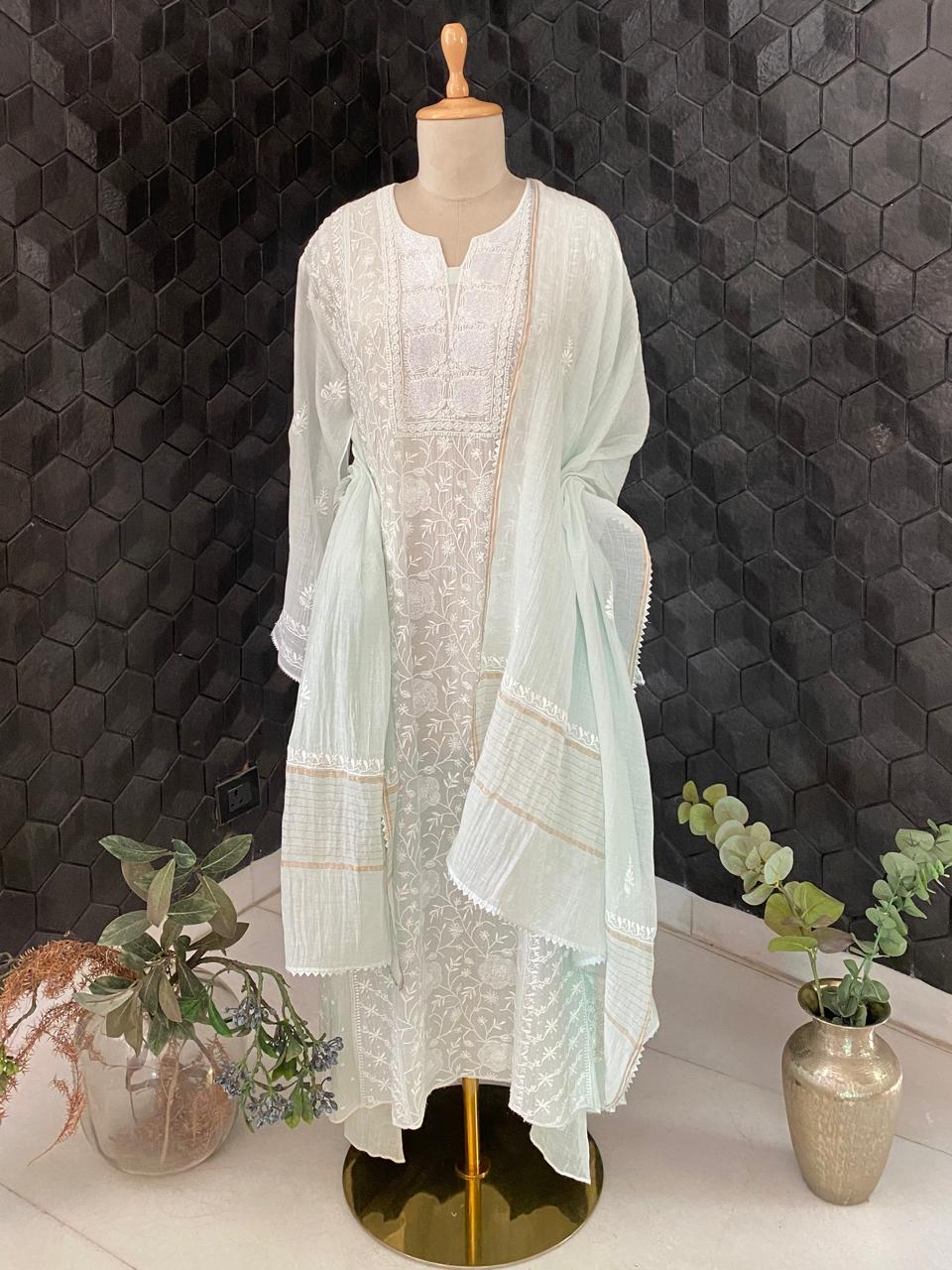 Powder Blue Mul Chanderi Kurta Set