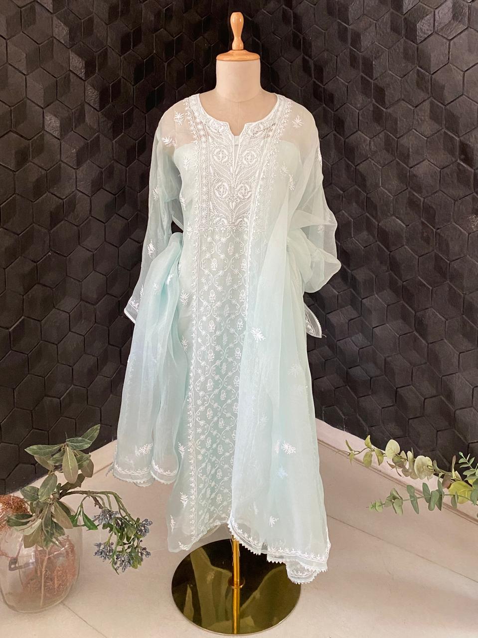 Powder Blue Organza Chikankari Kurta Set