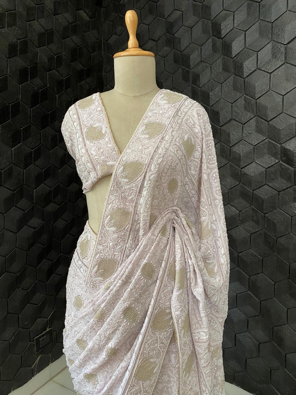 Lilac Georgette Chikankari Saree with Statement Paan Boota