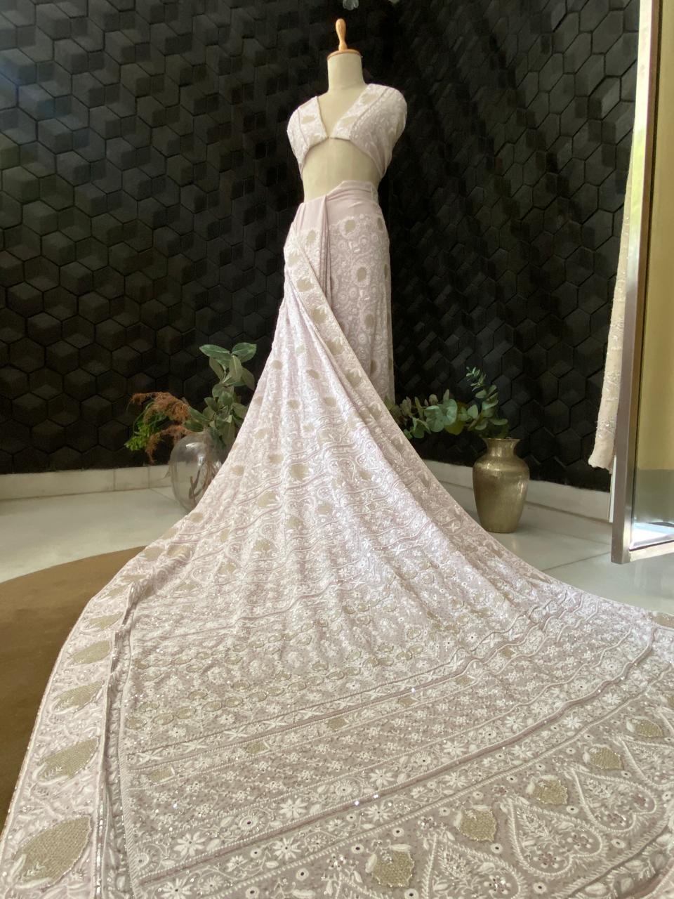 Lilac Georgette Chikankari Saree with Statement Paan Boota