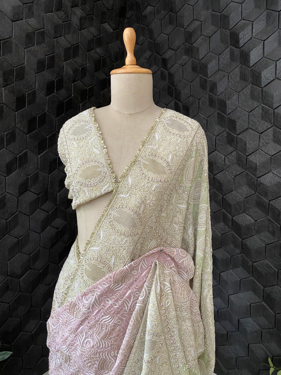 Dual Tone Georgette Chikankari Saree with Statement Fish boota