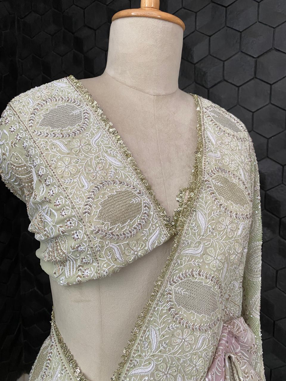 Dual Tone Georgette Chikankari Saree with Statement Fish boota
