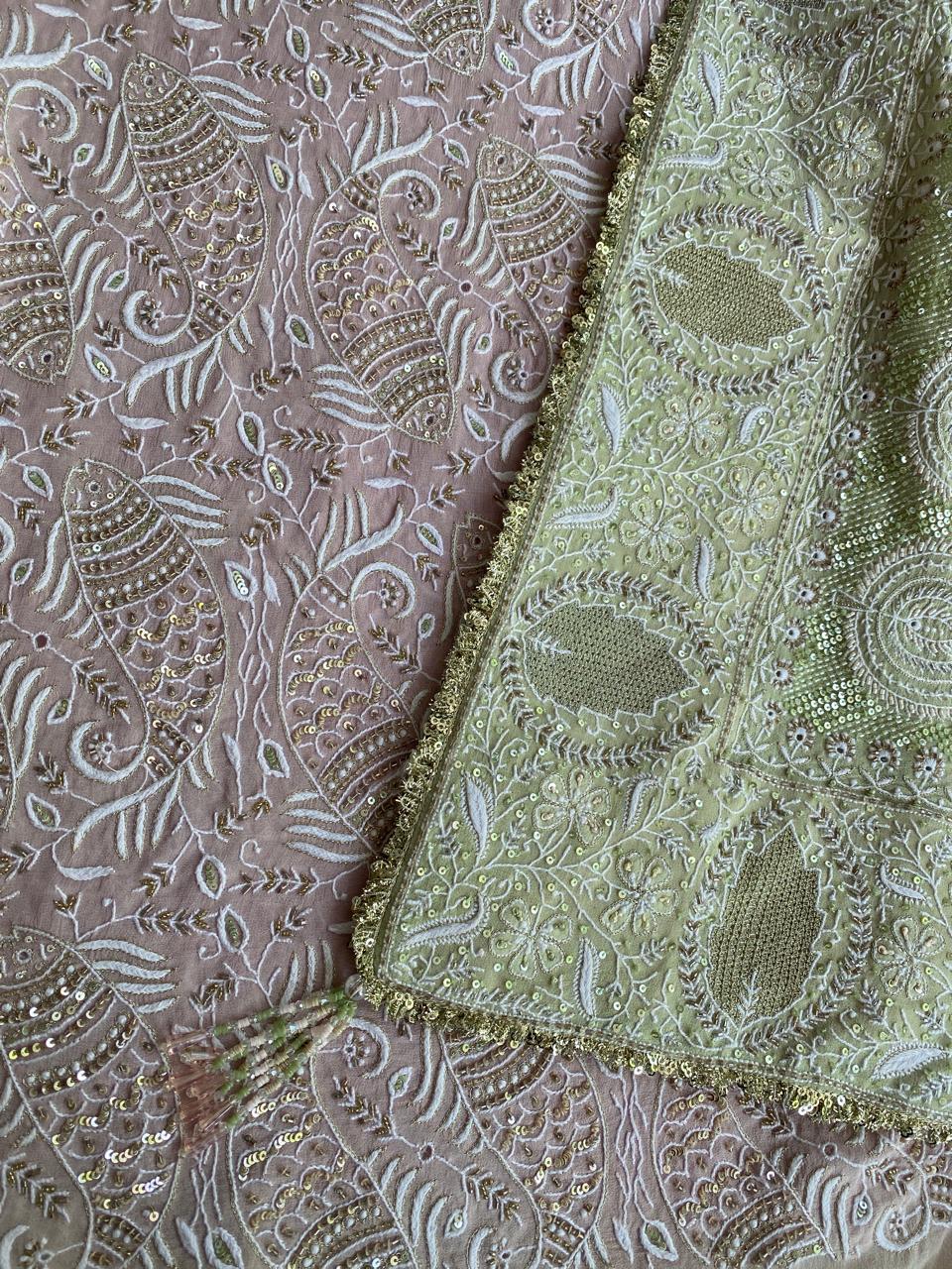 Dual Tone Georgette Chikankari Saree with Statement Fish boota