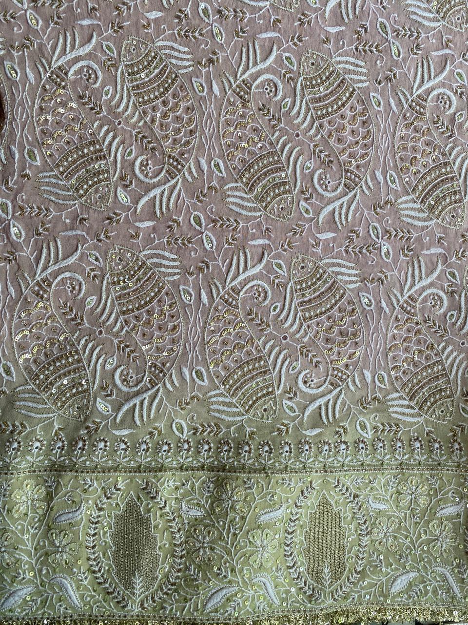 Dual Tone Georgette Chikankari Saree with Statement Fish boota
