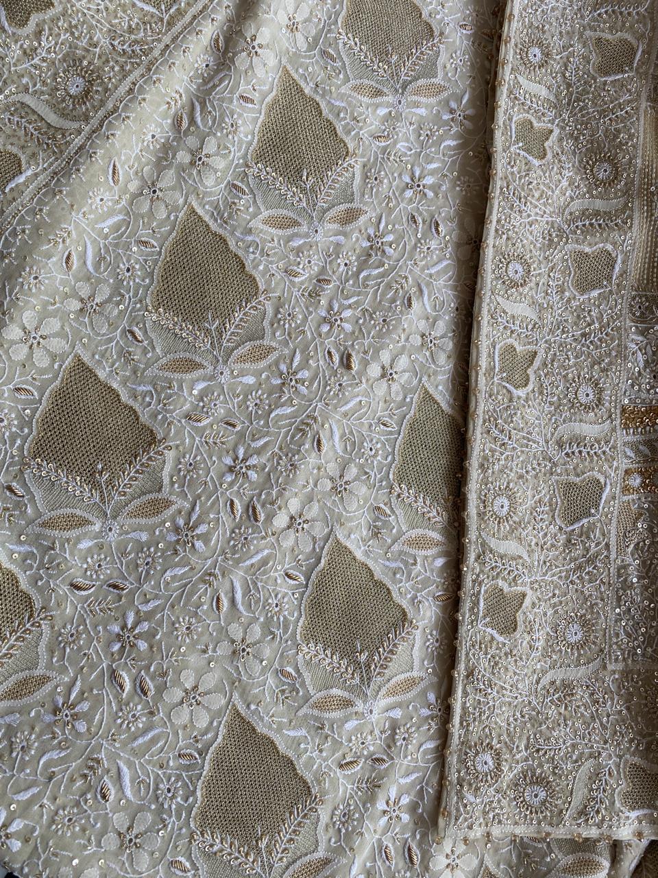 Ivory Georgette Ek Taar Saree with Statement Paan Boota