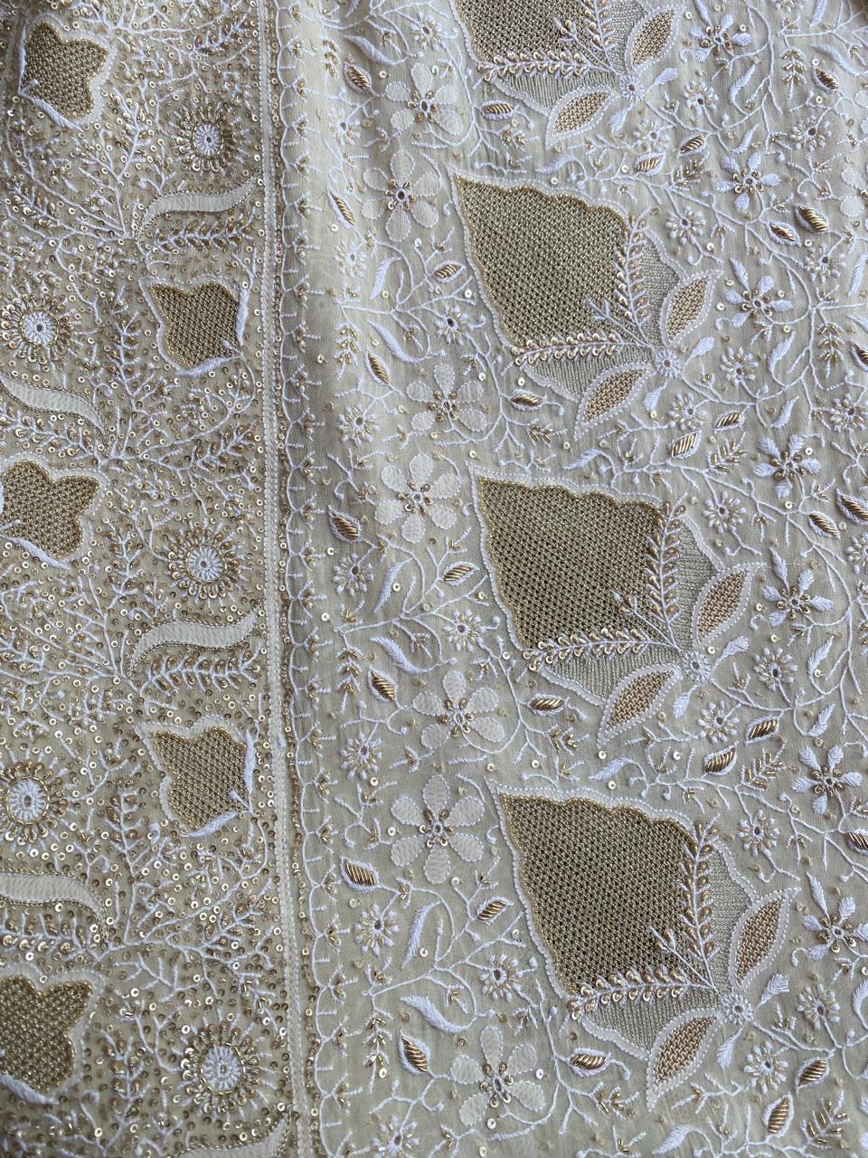 Ivory Georgette Ek Taar Saree with Statement Paan Boota