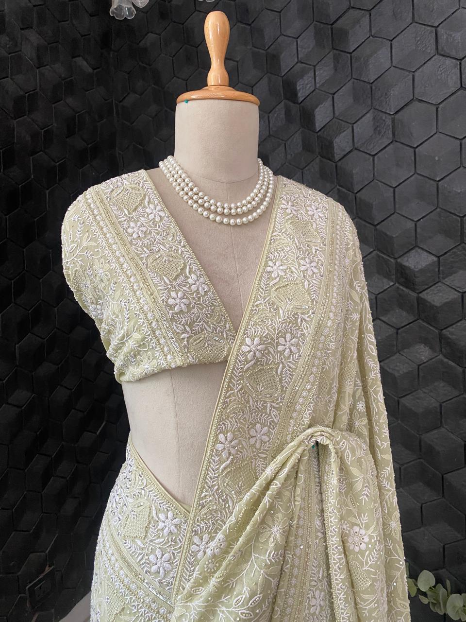 Sage Green Georgette Chikankari Saree