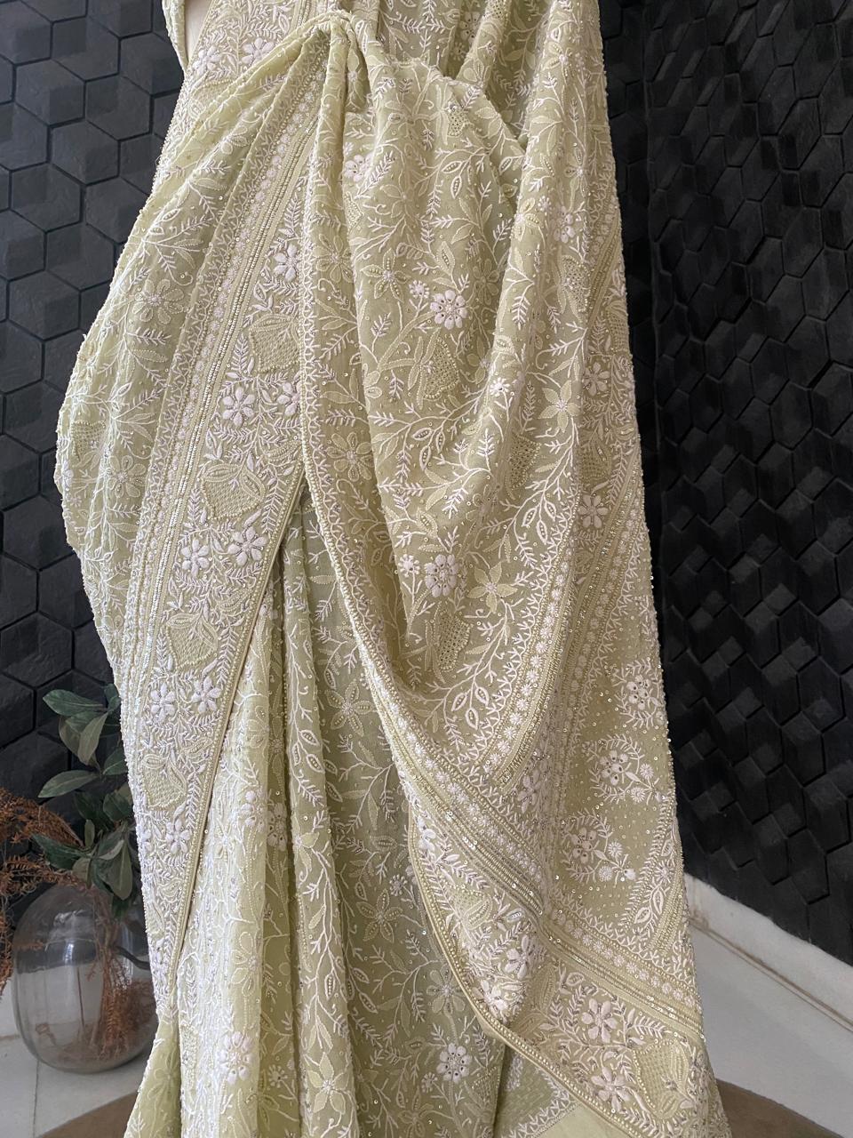 Sage Green Georgette Chikankari Saree