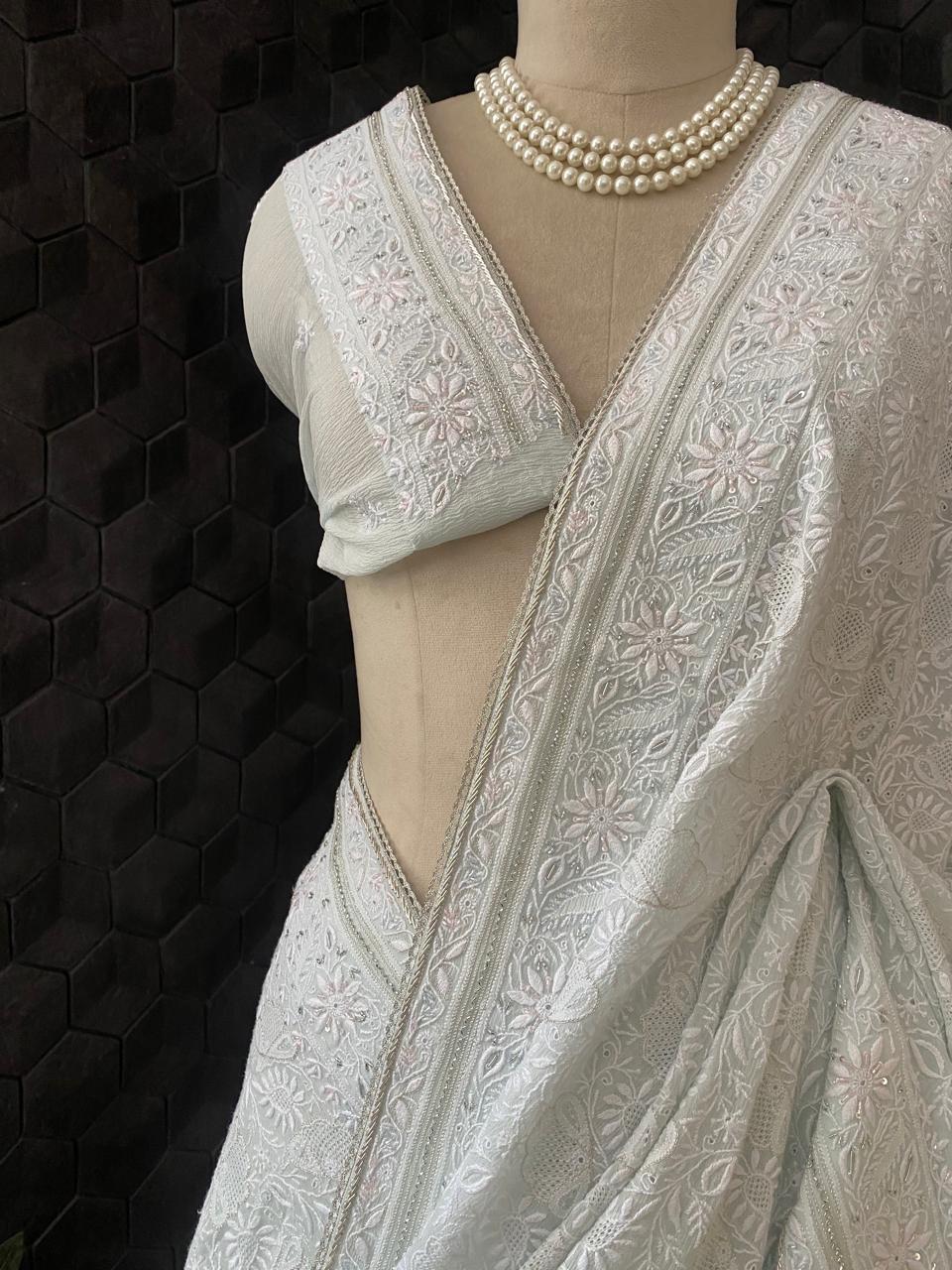 Sky Blue Georgette Chikankari Saree with Cutdana and Sequins Work