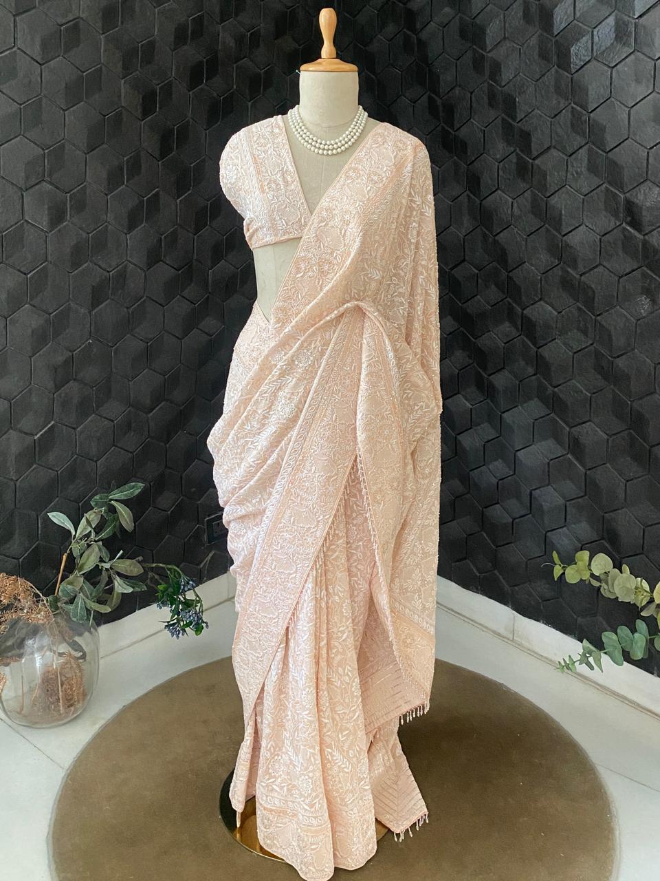 Peach Georgette Chikankari Saree With Sequins Work