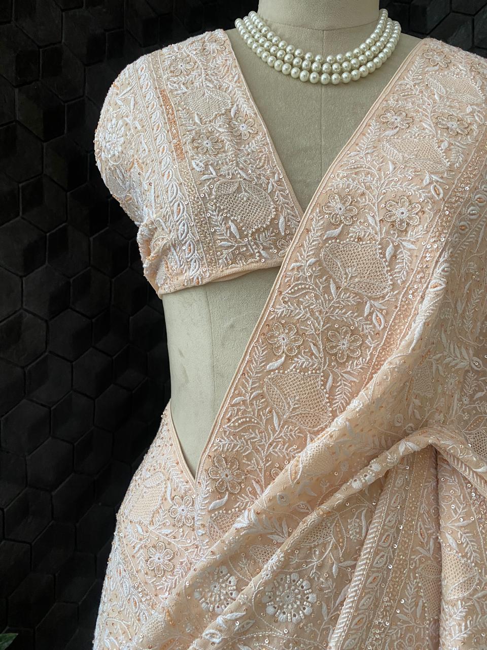 Peach Georgette Chikankari Saree With Sequins Work