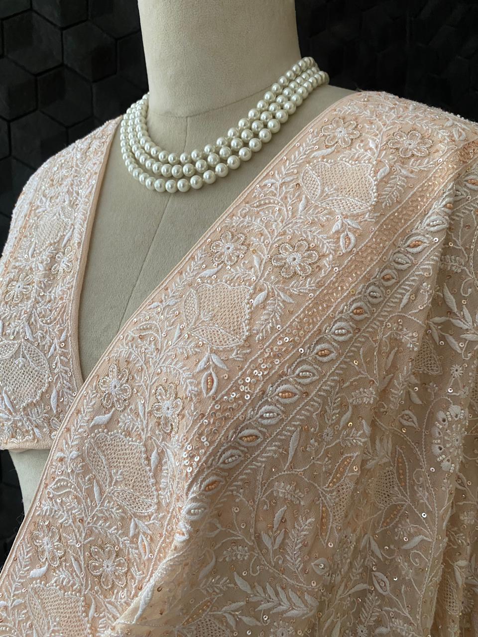 Peach Georgette Chikankari Saree With Sequins Work