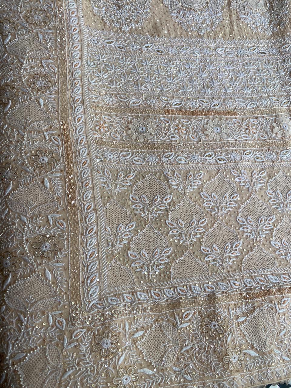 Peach Georgette Chikankari Saree With Sequins Work