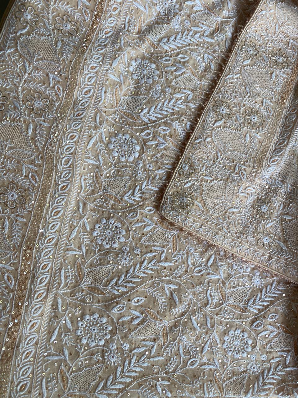 Peach Georgette Chikankari Saree With Sequins Work