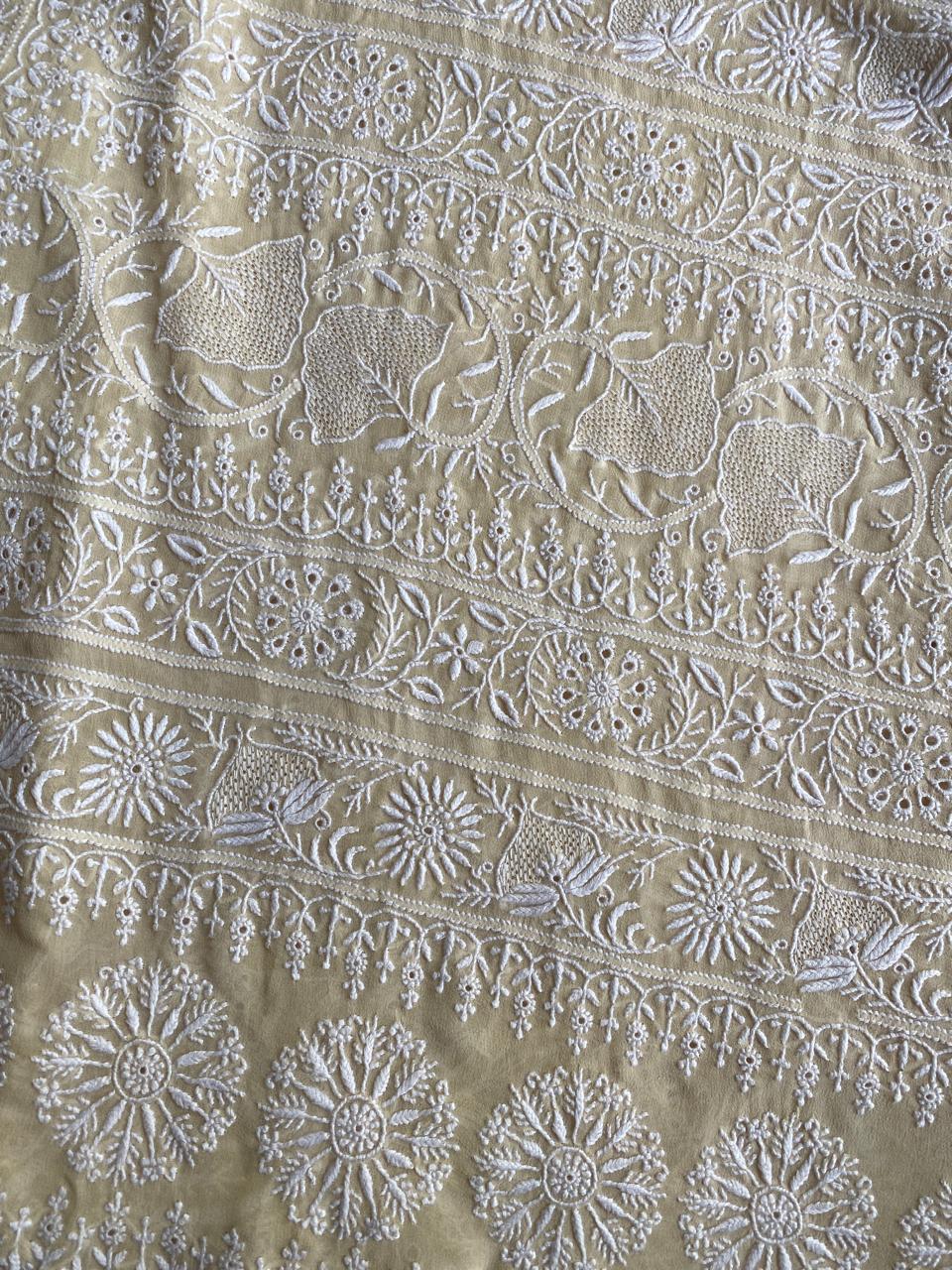 Beige Georgette Chikankari Saree with Peacock Motifs