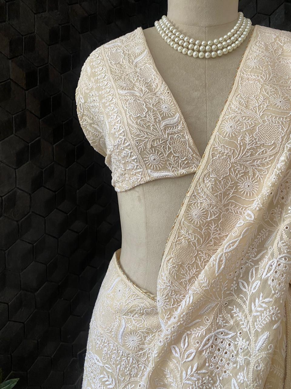 Beige Georgette Chikankari Saree with Peacock Motifs