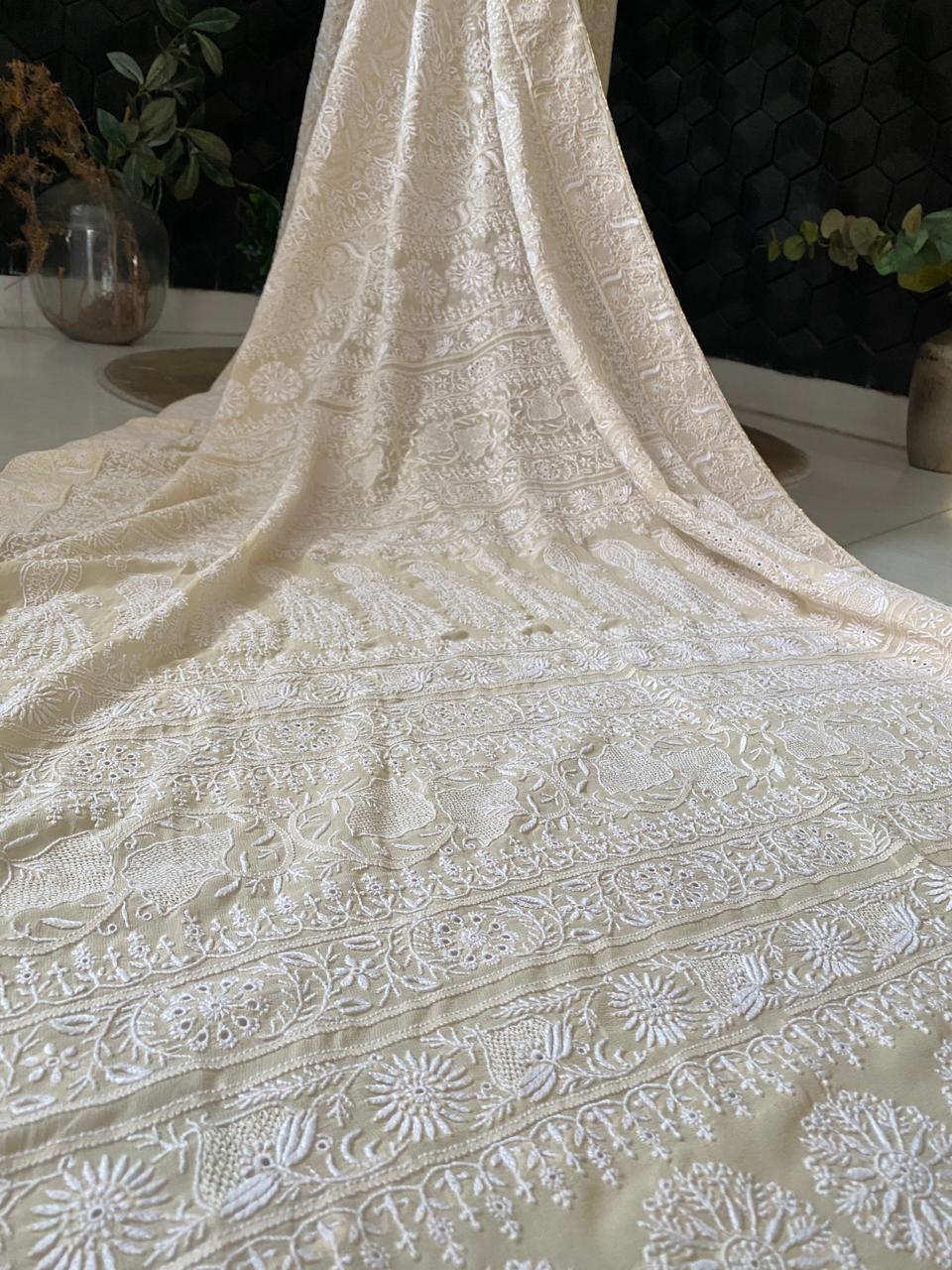 Beige Georgette Chikankari Saree with Peacock Motifs