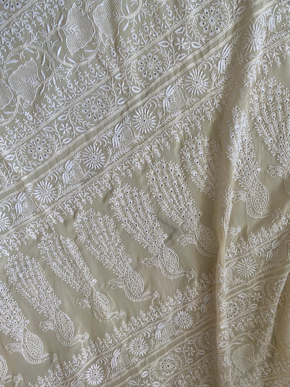 Beige Georgette Chikankari Saree with Peacock Motifs