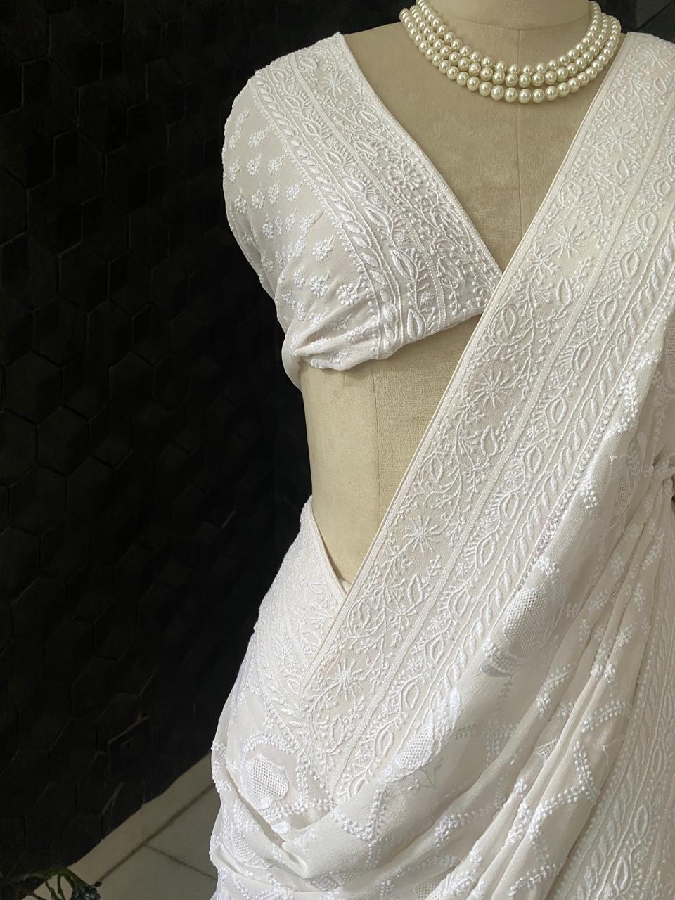 White Georgette Chikankari Saree with Tassels