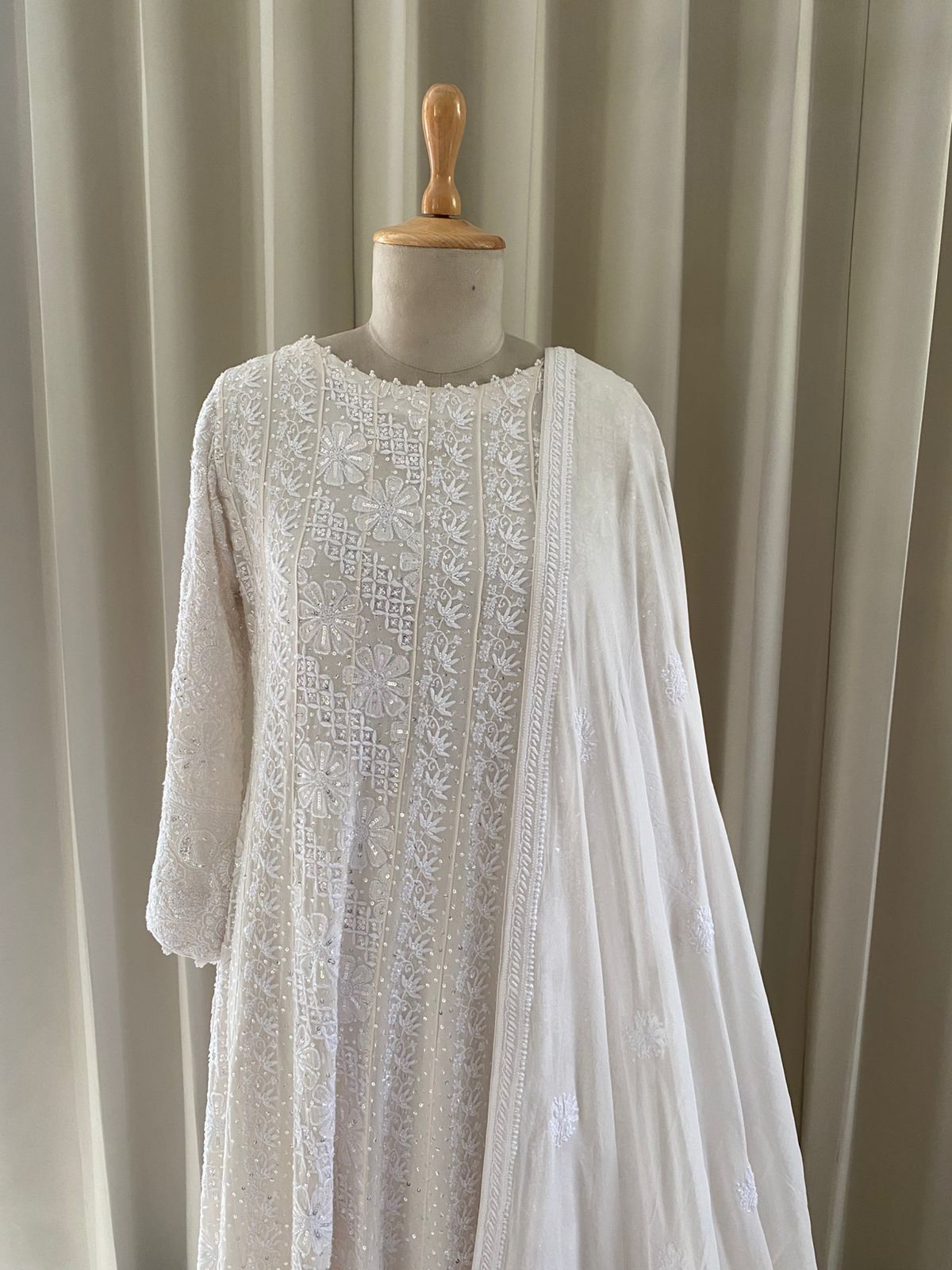 White Georgette Chikankari Anarkali Set