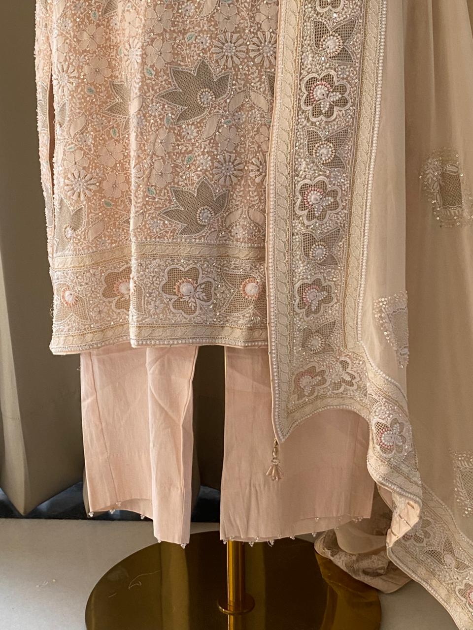 Peach Georgette Chikankari Kasab Jaal Kurta Set