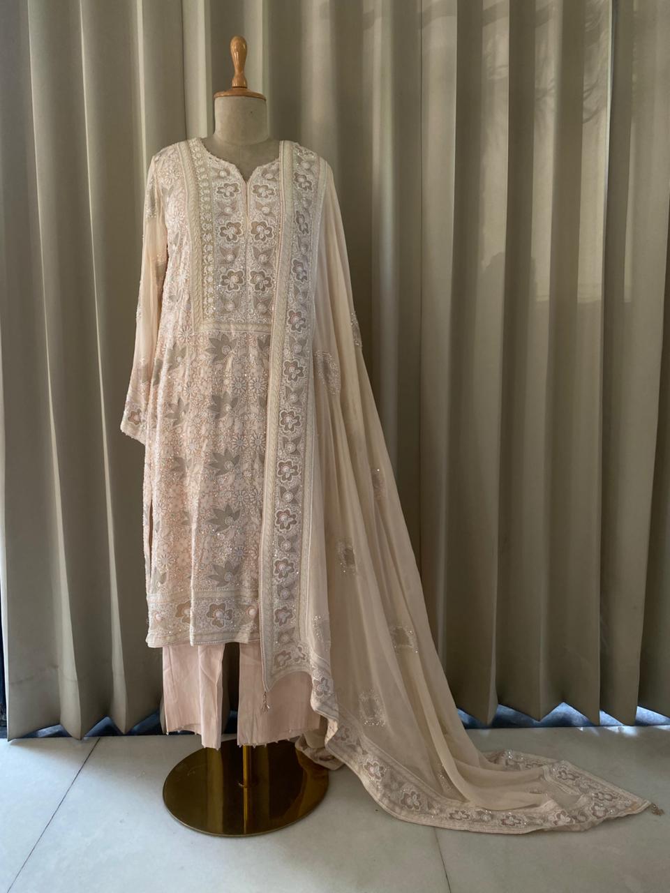 Peach Georgette Chikankari Kasab Jaal Kurta Set