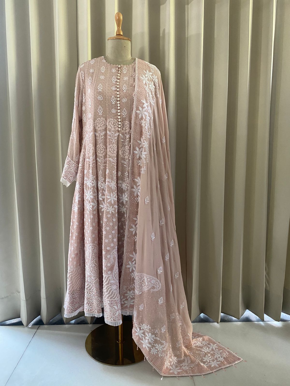 Pink Georgette Floral Motif Chikankari Anarkali Set