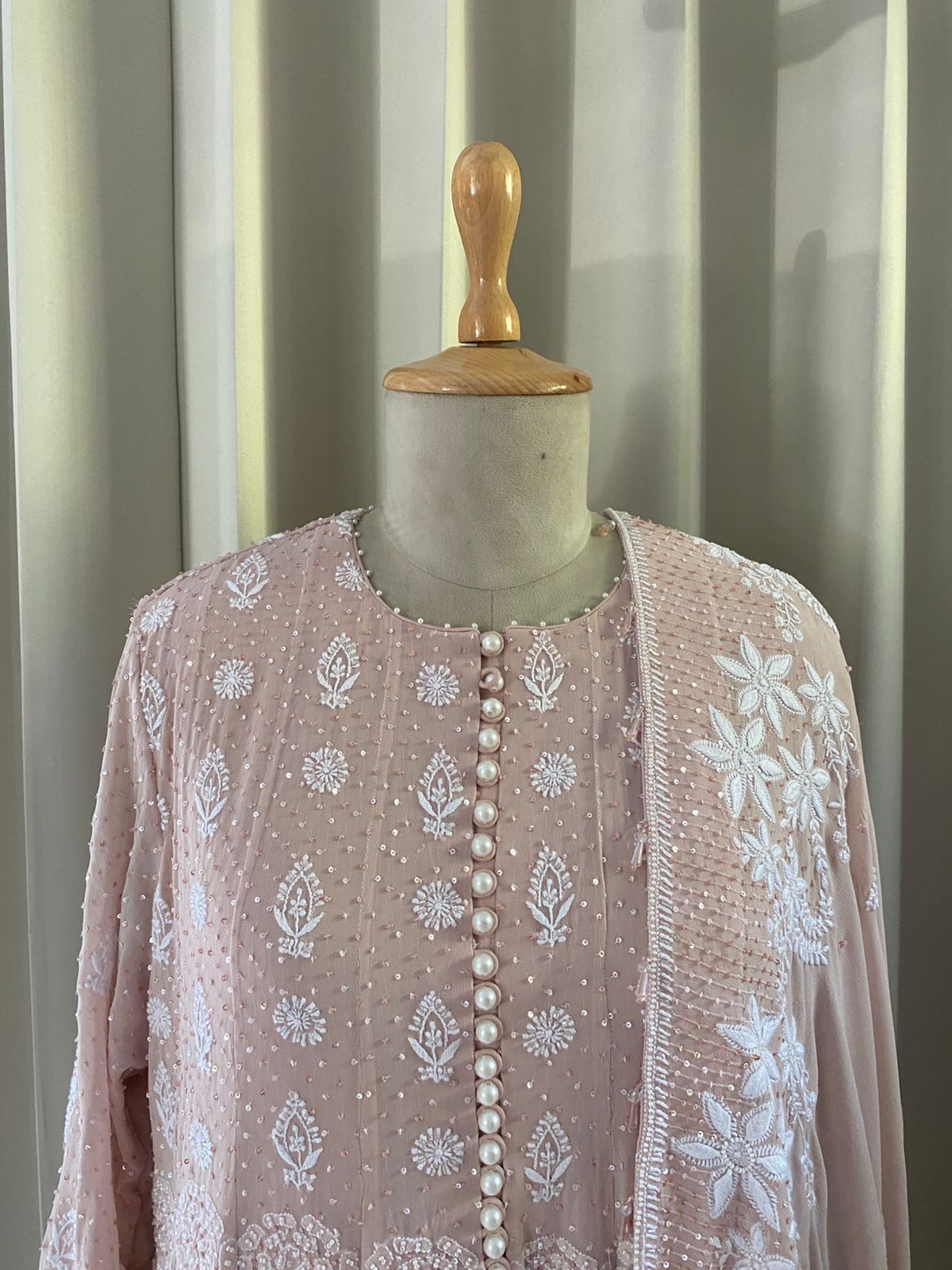 Pink Georgette Floral Motif Chikankari Anarkali Set