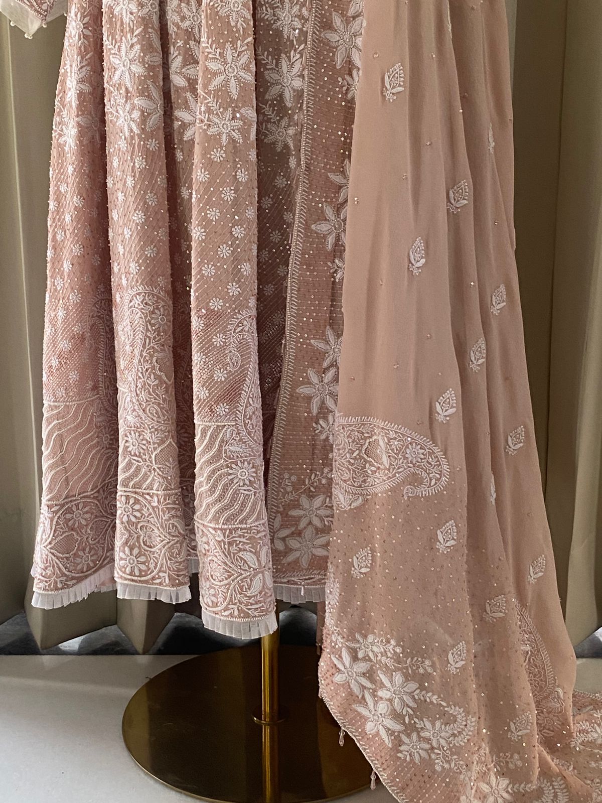 Pink Georgette Floral Motif Chikankari Anarkali Set