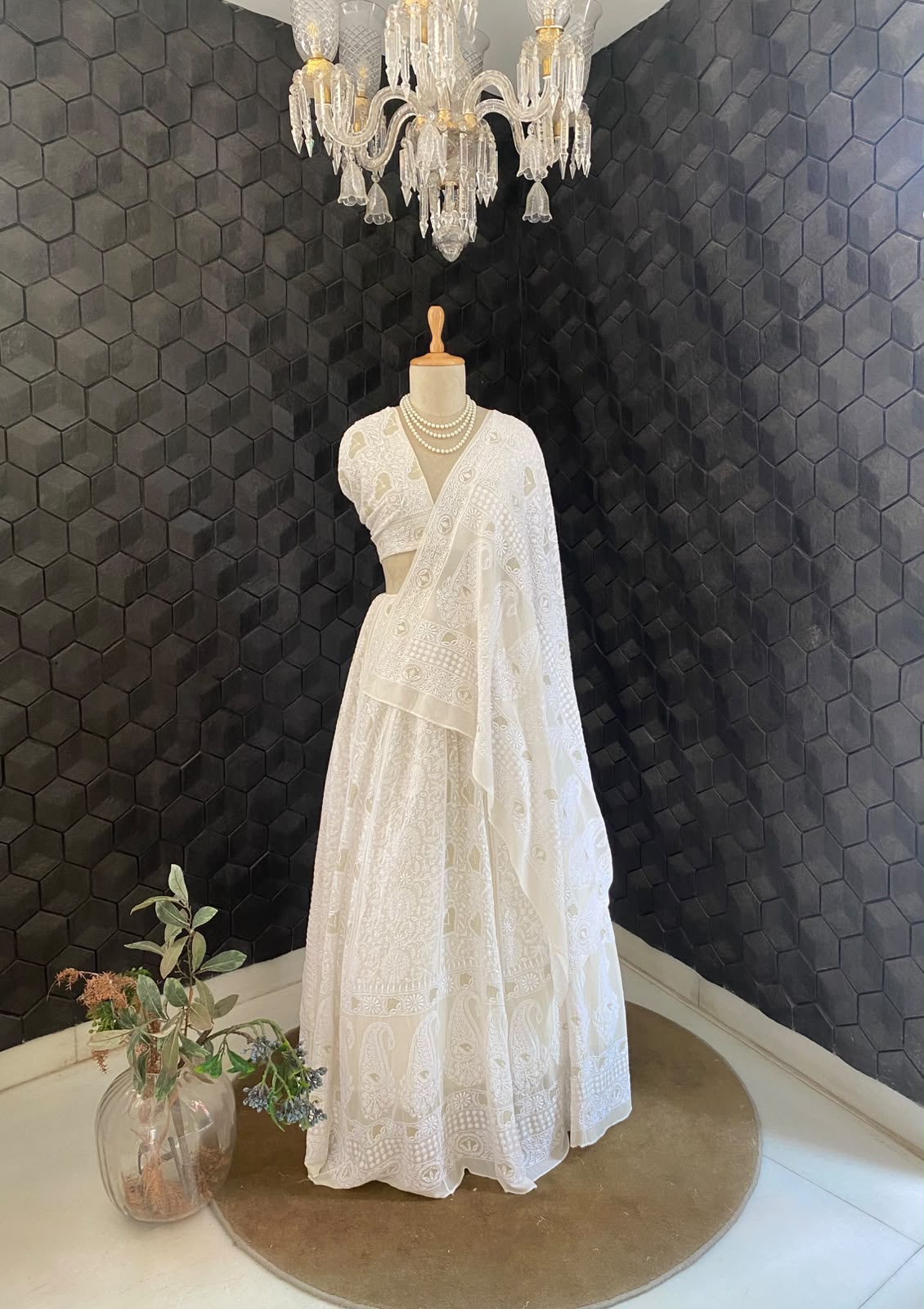 Ivory Georgette Kasab Jaal & Chikankari Lehenga Set