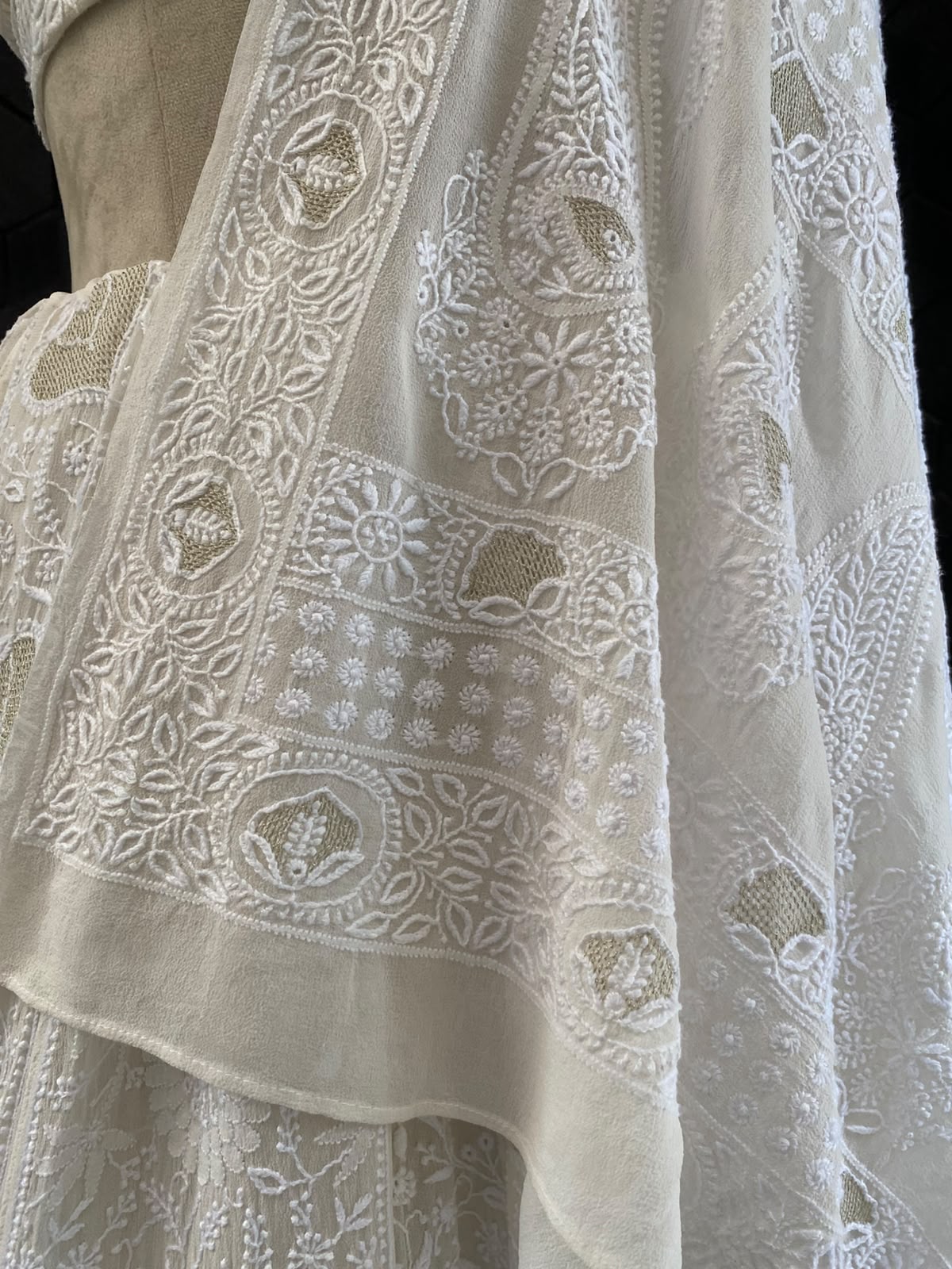 Ivory Georgette Kasab Jaal & Chikankari Lehenga Set