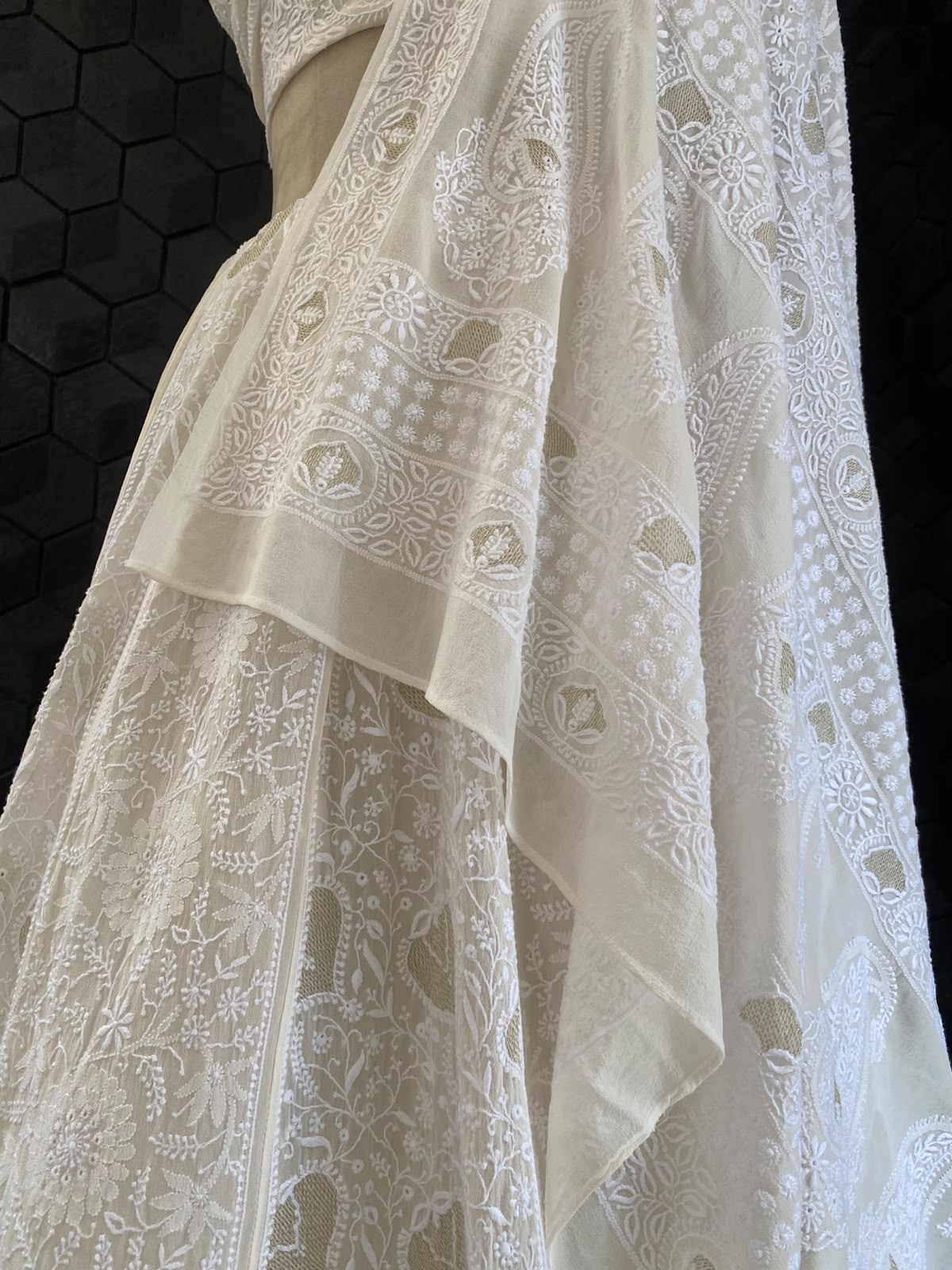Ivory Georgette Kasab Jaal & Chikankari Lehenga Set