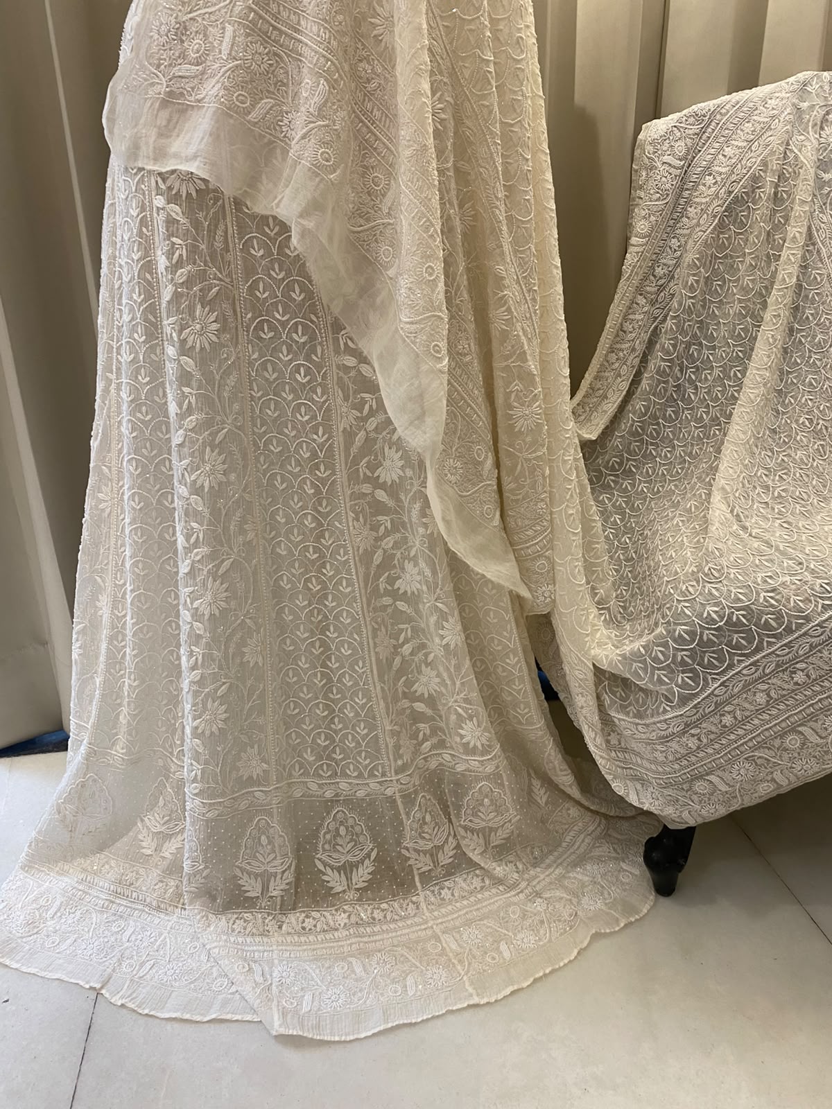 White Mul Chanderi Chikankari Lehenga Set