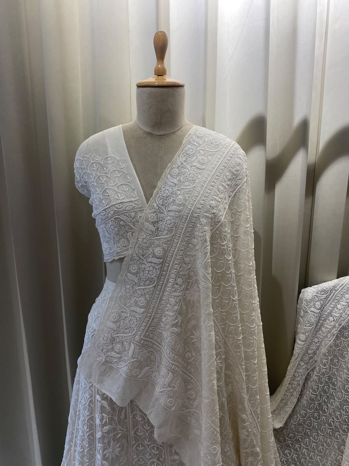 White Mul Chanderi Chikankari Lehenga Set