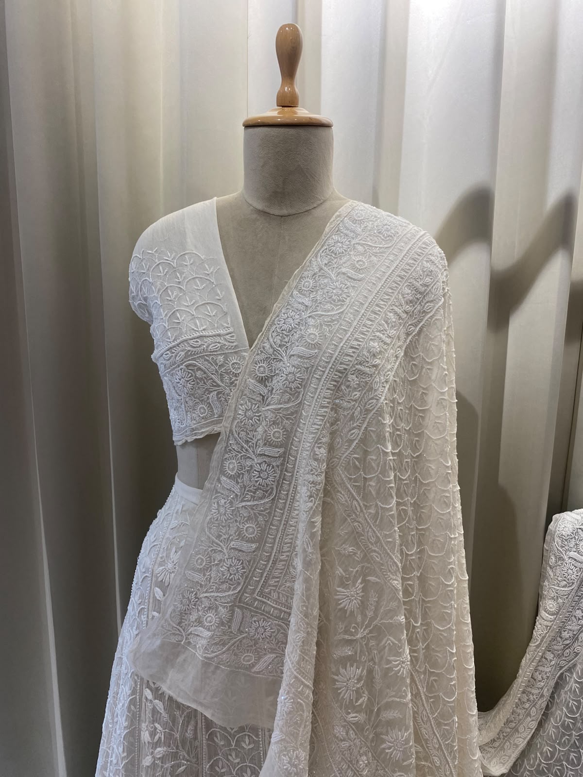 White Mul Chanderi Chikankari Lehenga Set